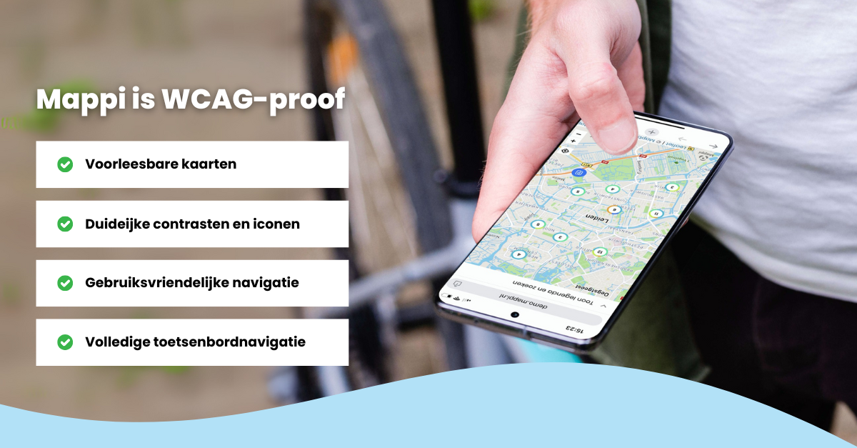 Foto van mobiel met kaart erop in de hand van een persoon met daarnaast 4 wcag punten opgesomd