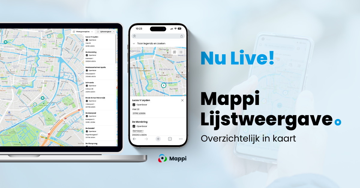 Lijstweergave Mappi op desktop en mobiel met quote "Nu live! Mappi Lijstweergave. Overzichtelijk in kaart"