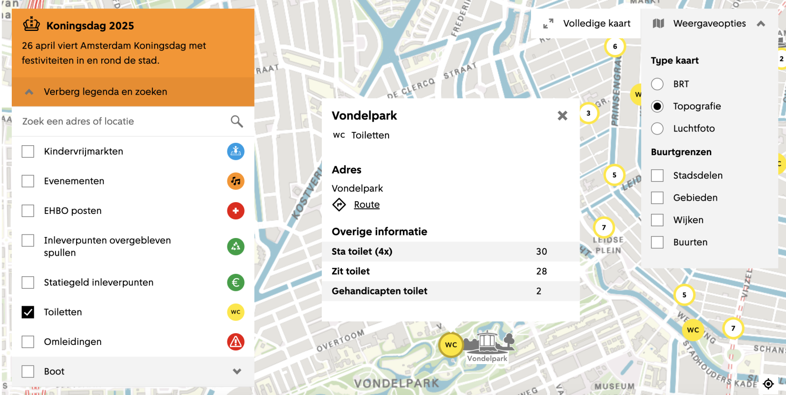 Screenshot van de kaart met toiletten gelesecteerd en uitgeklapt