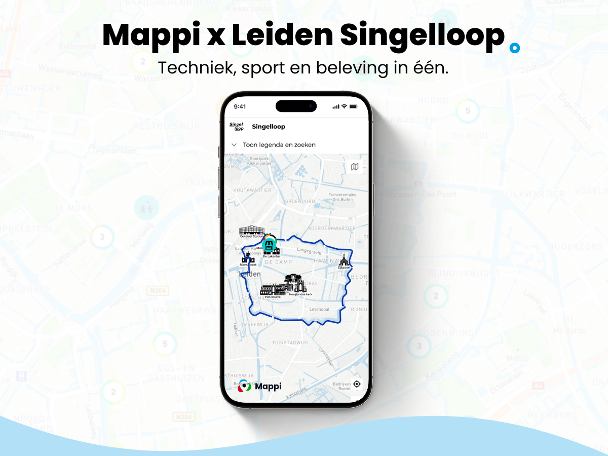 Mappi kaart voor de Singelloop van Leiden op een mobiel