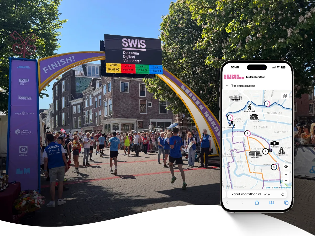 Afbeelding finish Leiden Marathon met Mappi kaart op mobiel ernaast