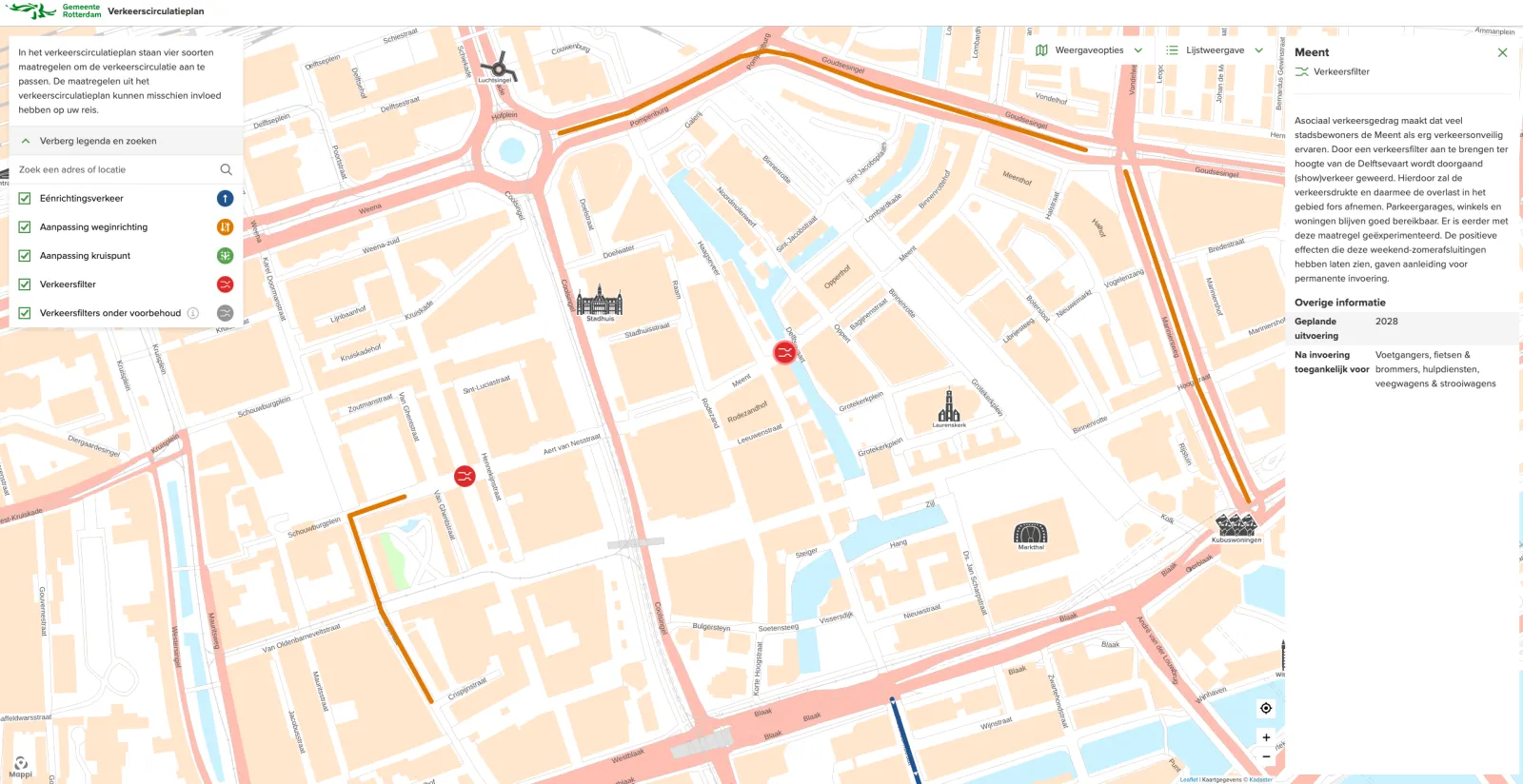Screenshot van de kaart van Rotterdam ingezoomed op verkeersfilter met uitleg