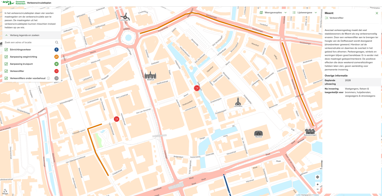 Screenshot van de kaart van Rotterdam ingezoomed op verkeersfilter met uitleg